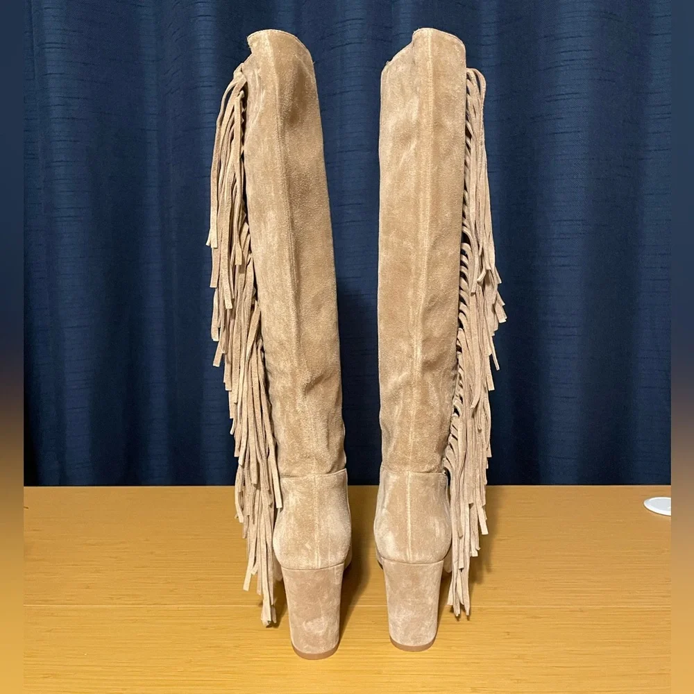 Longchamp Fringe Beige Over The Knee Boots